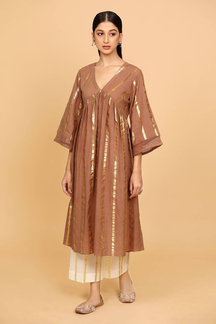 Brown Cotton Lurex Kurta Set