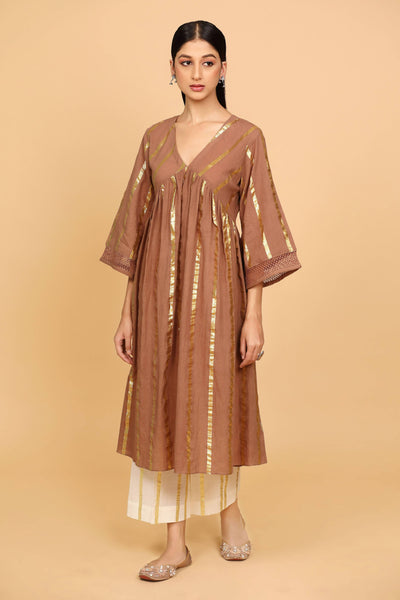 Brown Cotton Lurex Kurta Set