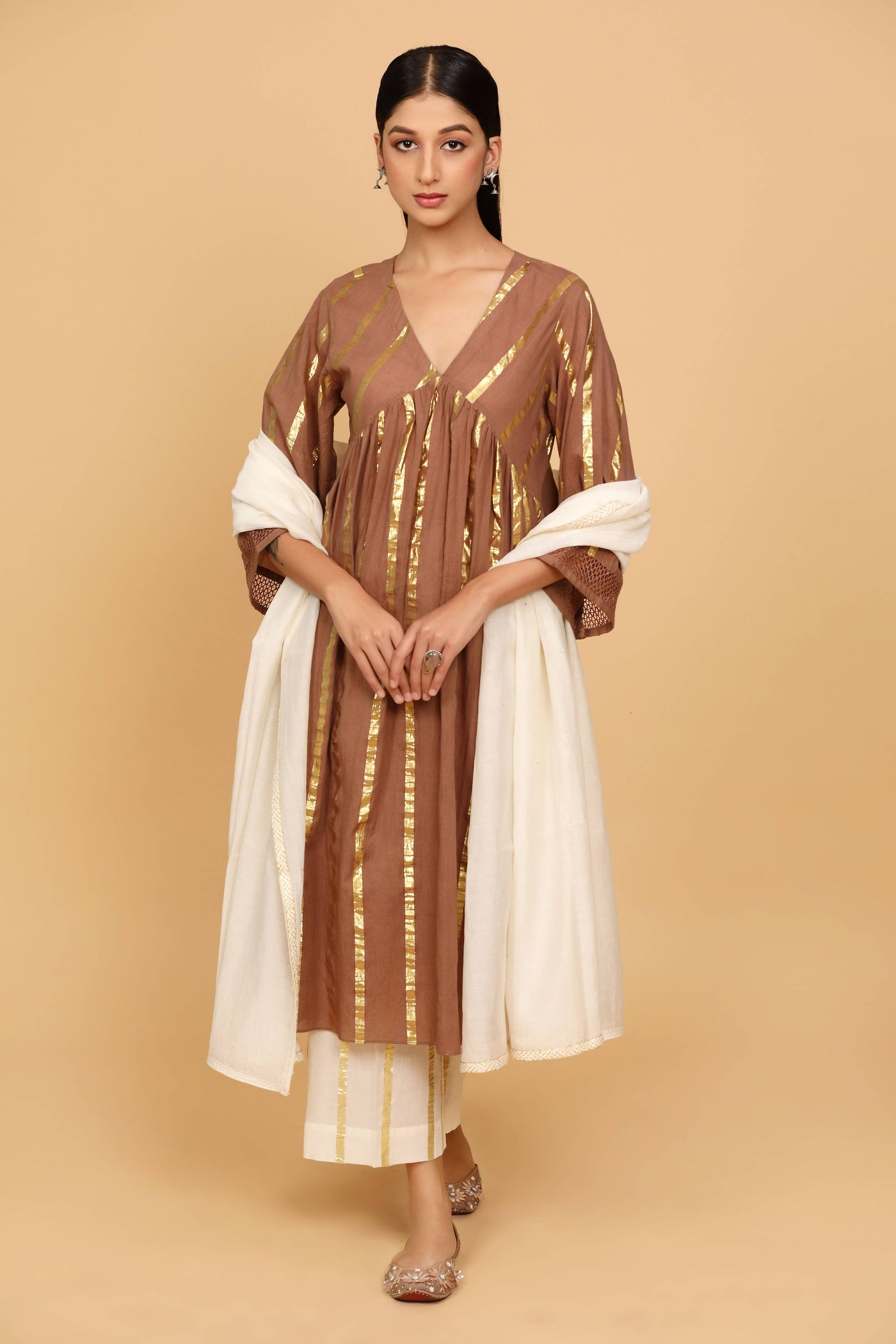 Brown Cotton Lurex Kurta Set