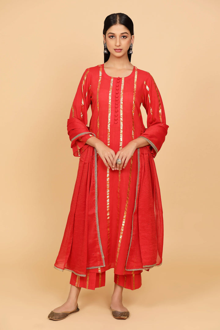 Red Cotton Lurex Suit Set