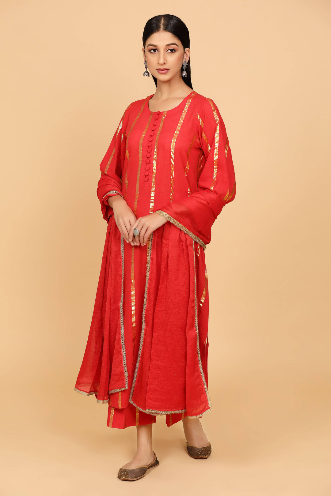 Red Cotton Lurex Suit Set
