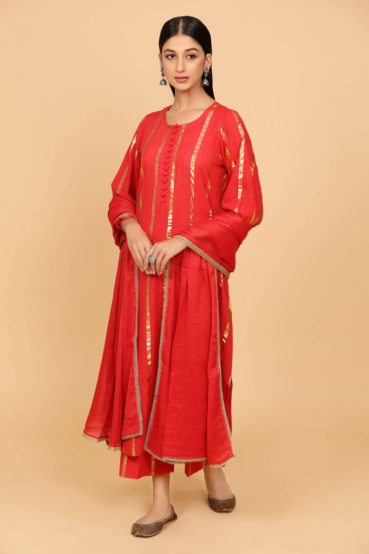 Red Cotton Lurex Suit Set
