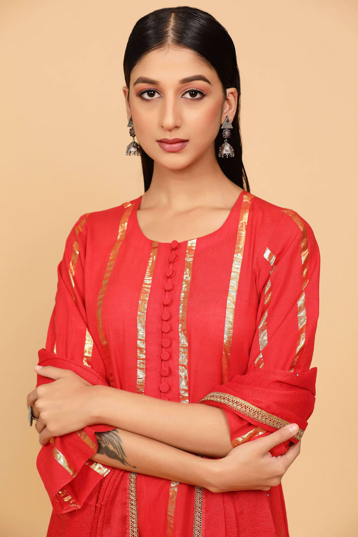 Red Cotton Lurex Suit Set