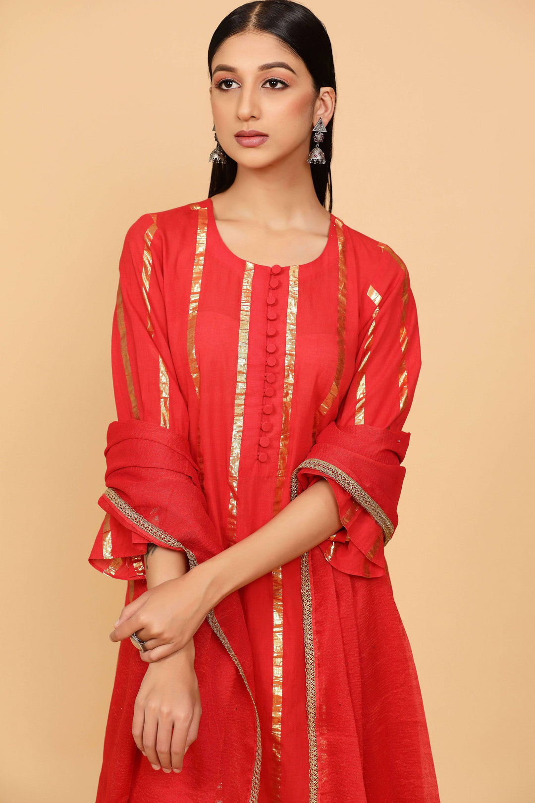 Red Cotton Lurex Suit Set