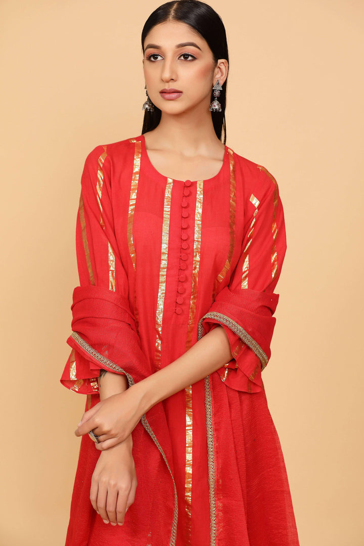 Red Cotton Lurex Suit Set