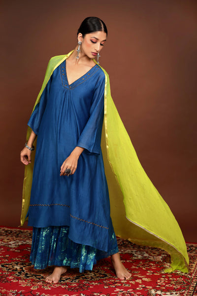 Blue hand Embroidered Chanderi Suit Set with Brass Yellow Dupatta