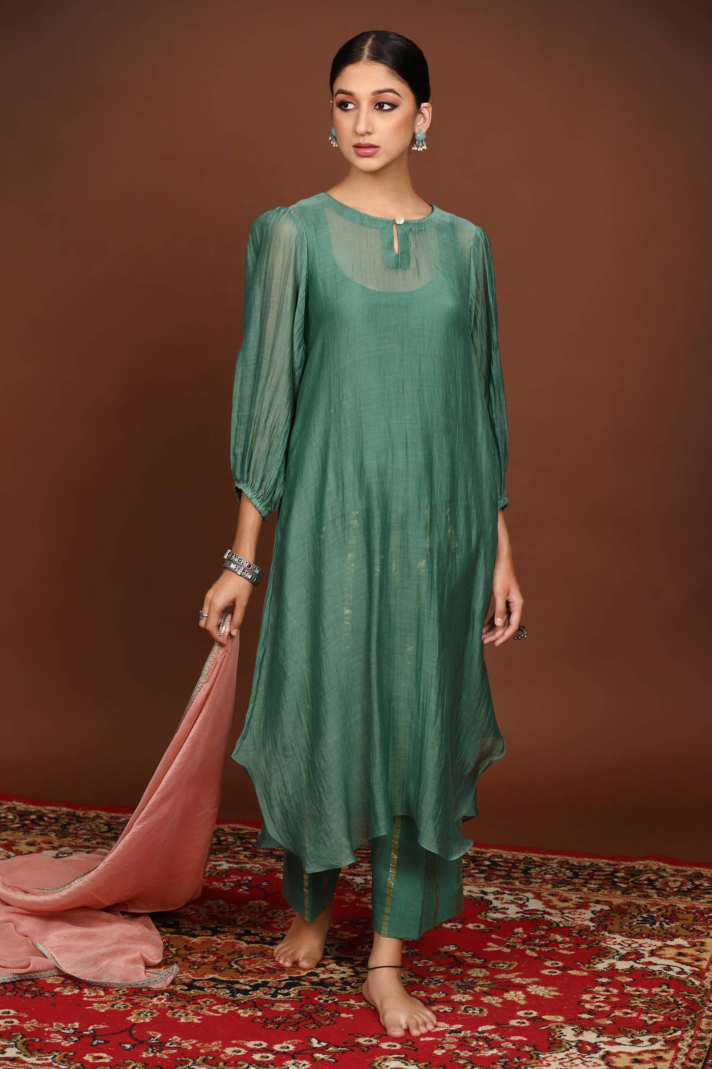 Olive Green Chanderi Suit Set with Cotton Lurex Pant and dupatta