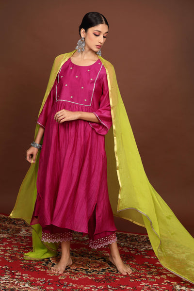 Teal Magenta Hand Embroidered Chanderi Suit Set with Old Gold Dupatta