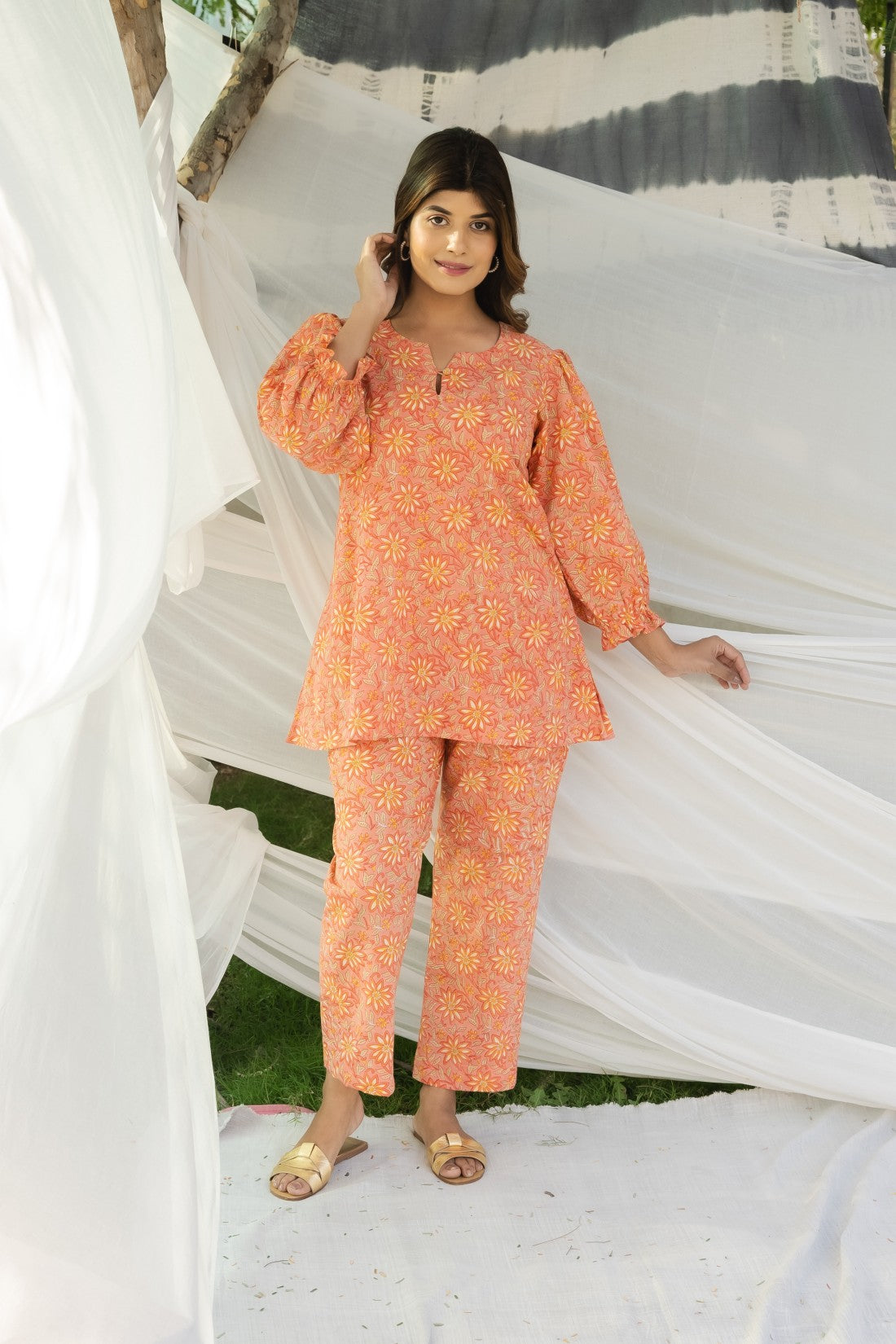 PEACH PRINTED COTTON COORDINATED SET