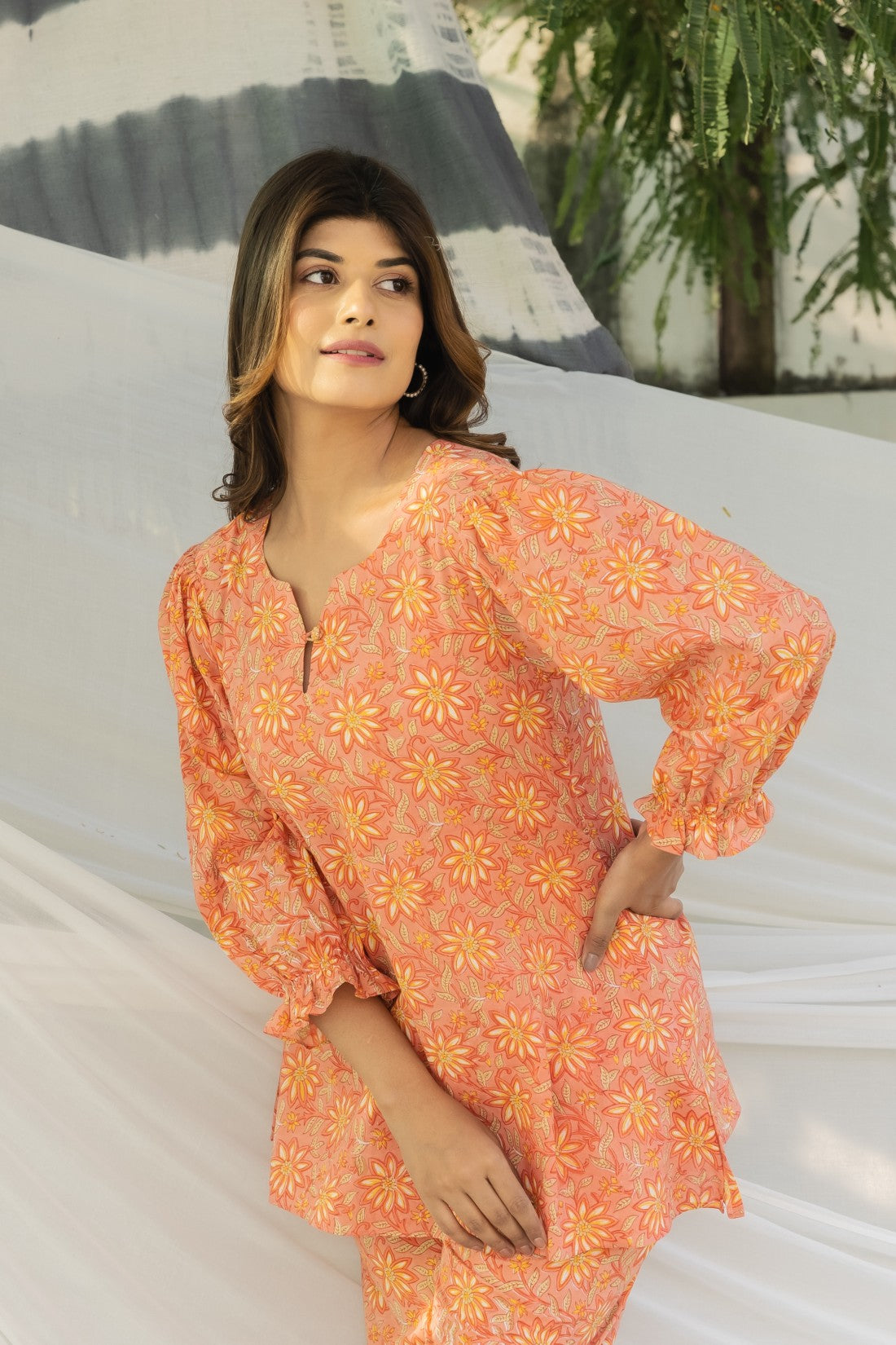 PEACH PRINTED COTTON COORDINATED SET