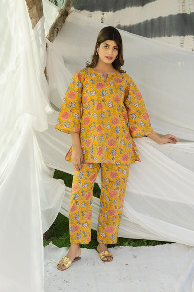 Mustard Floral Printed Cotton Coord Set