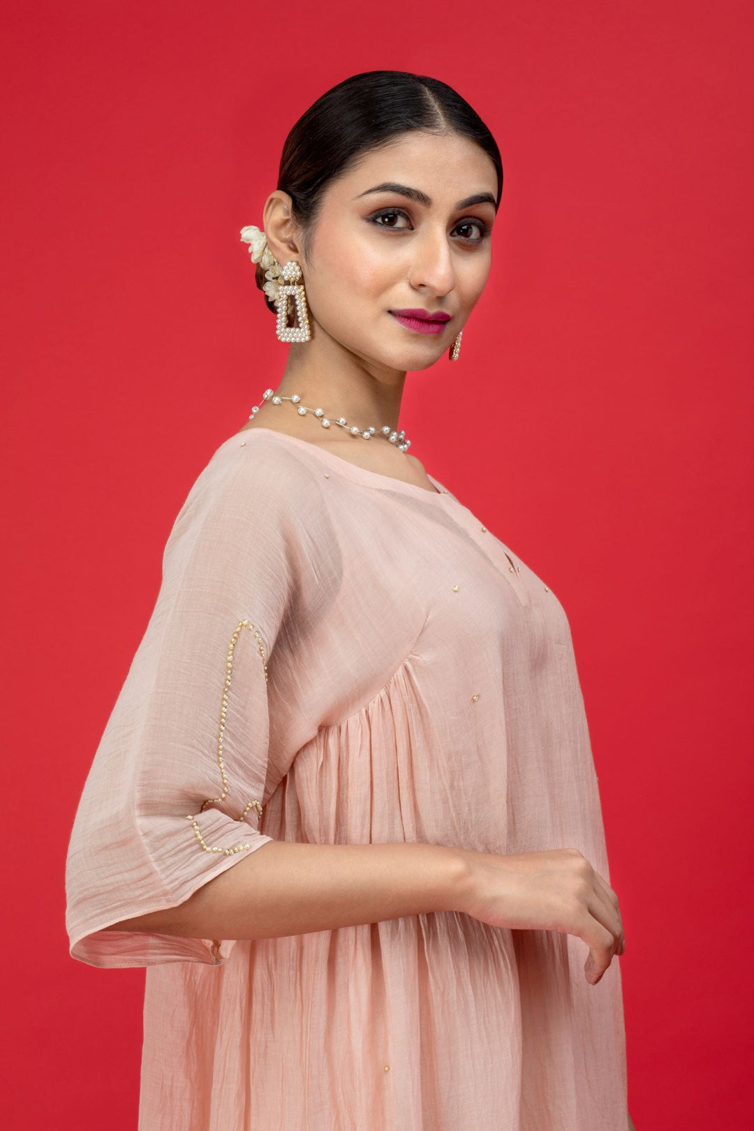 Peach Sequin Chanderi Sui Set