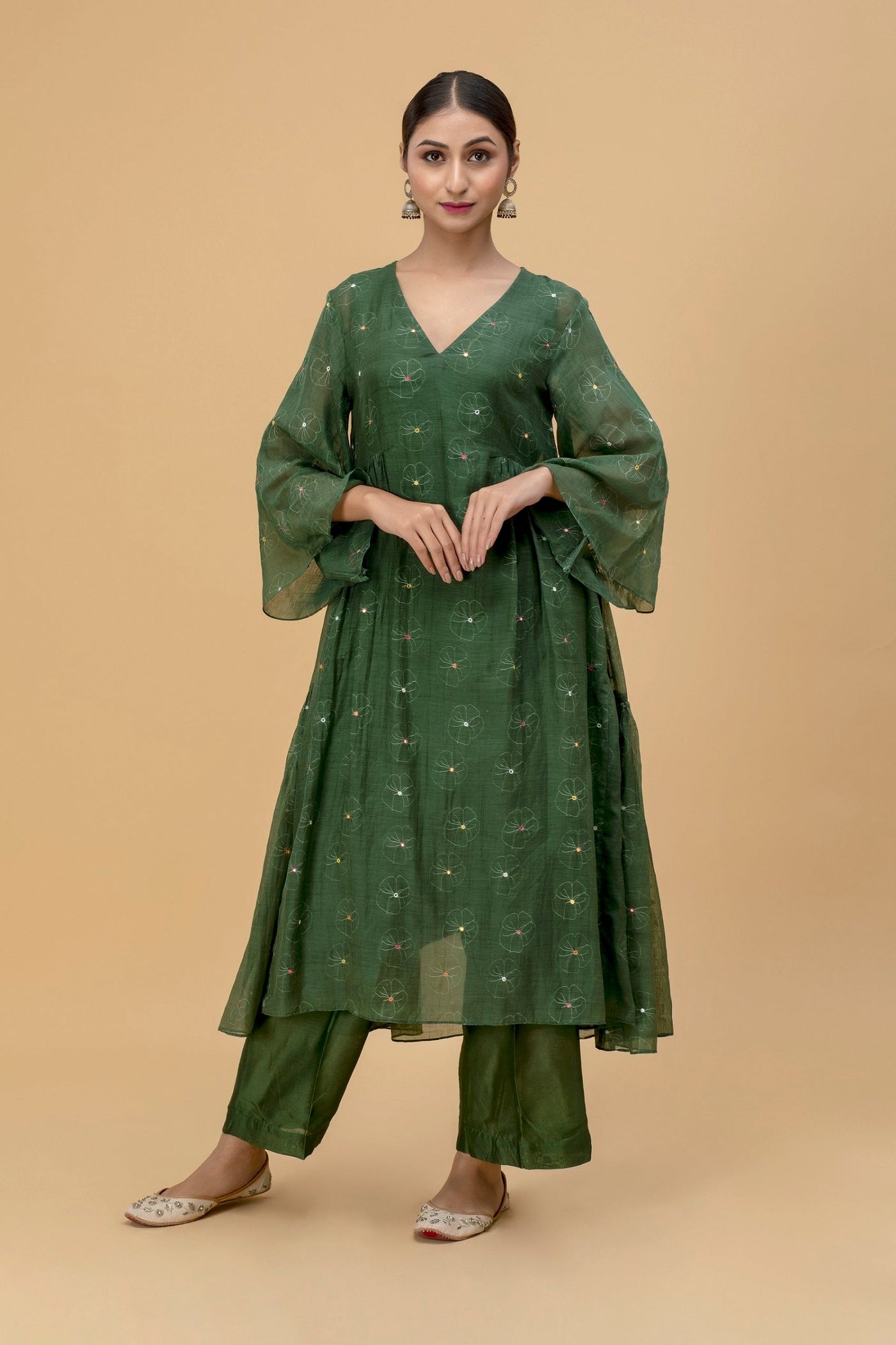 Emerald Green Printed Mirror Work Chanderi Kurta Set