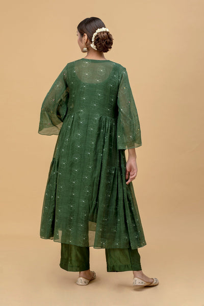 Emerald Green Printed Mirror Work Chanderi Kurta Set