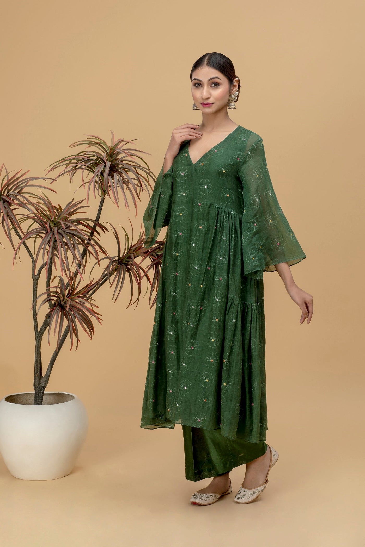 Emerald Green Printed Mirror Work Chanderi Kurta Set