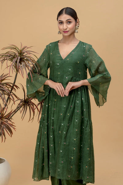 Emerald Green Printed Mirror Work Chanderi Kurta Set