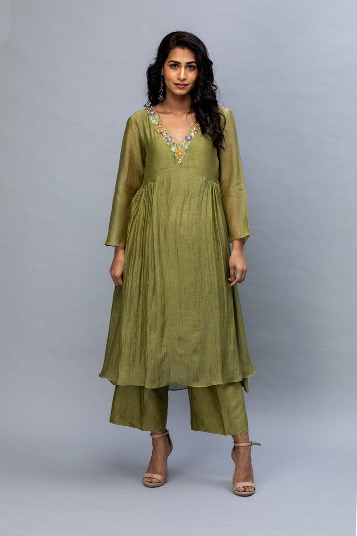 Olive flower work Chanderi Suit Set