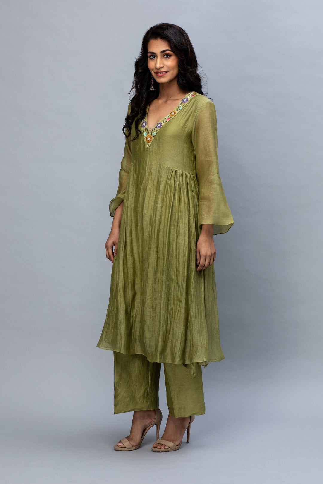 Olive flower work Chanderi Suit Set