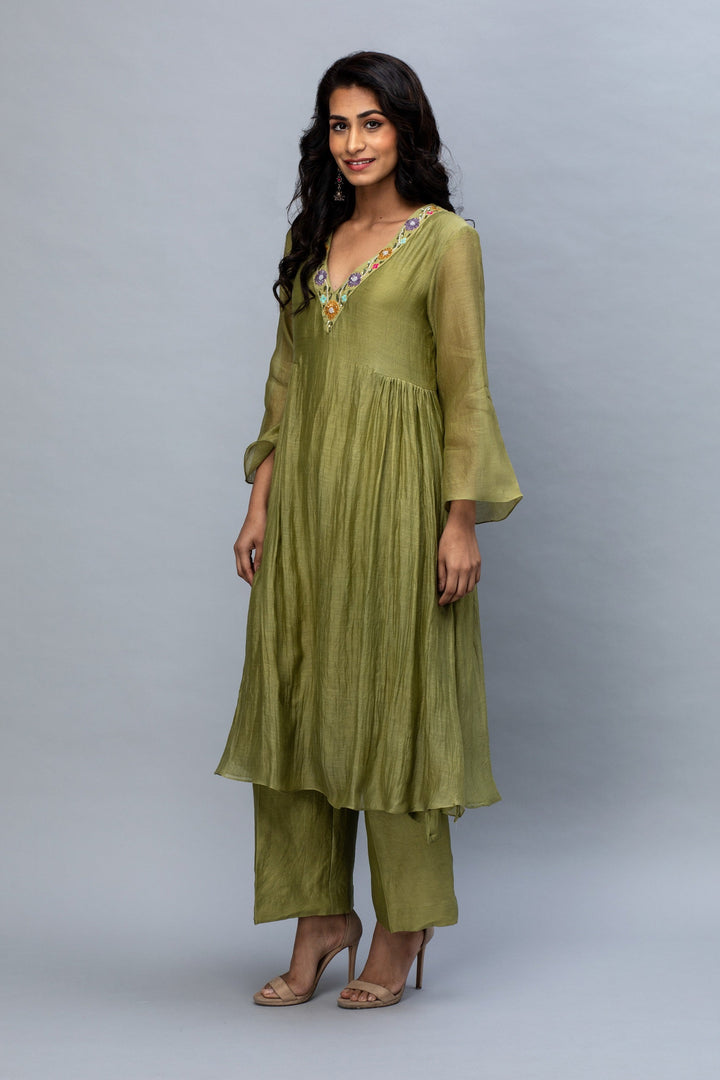 Olive flower work Chanderi Suit Set