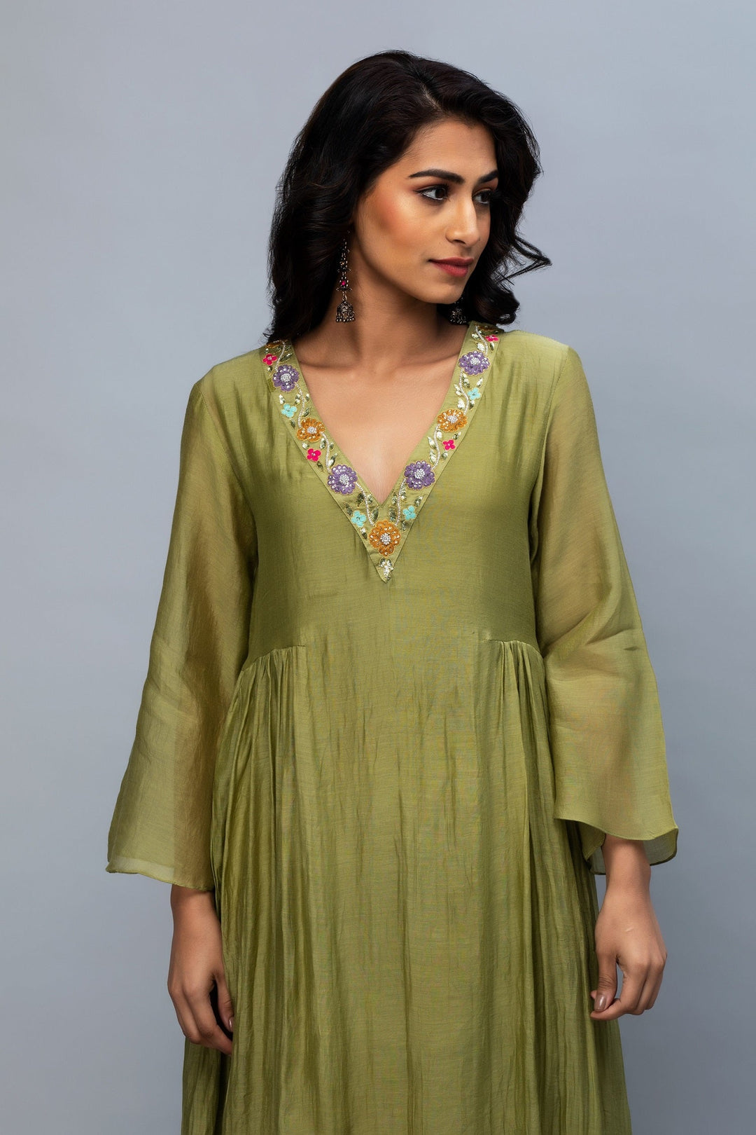 Olive flower work Chanderi Suit Set