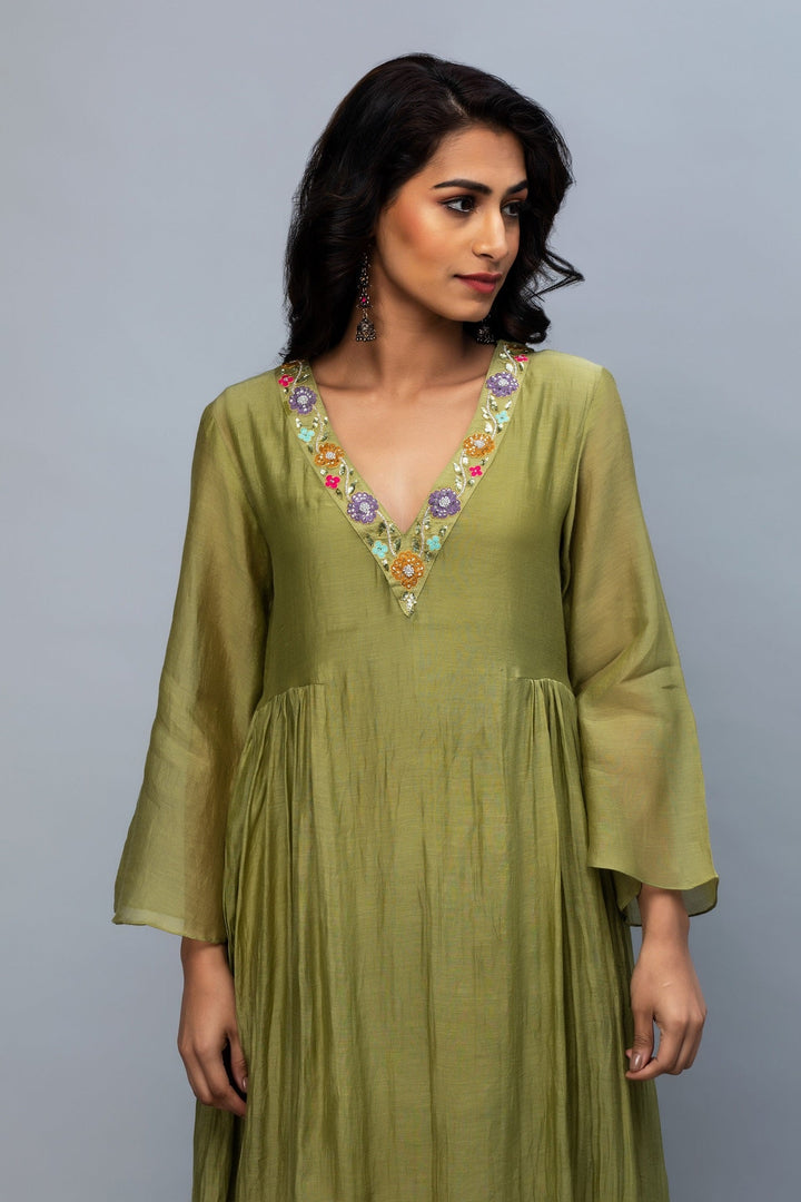 Olive flower work Chanderi Suit Set