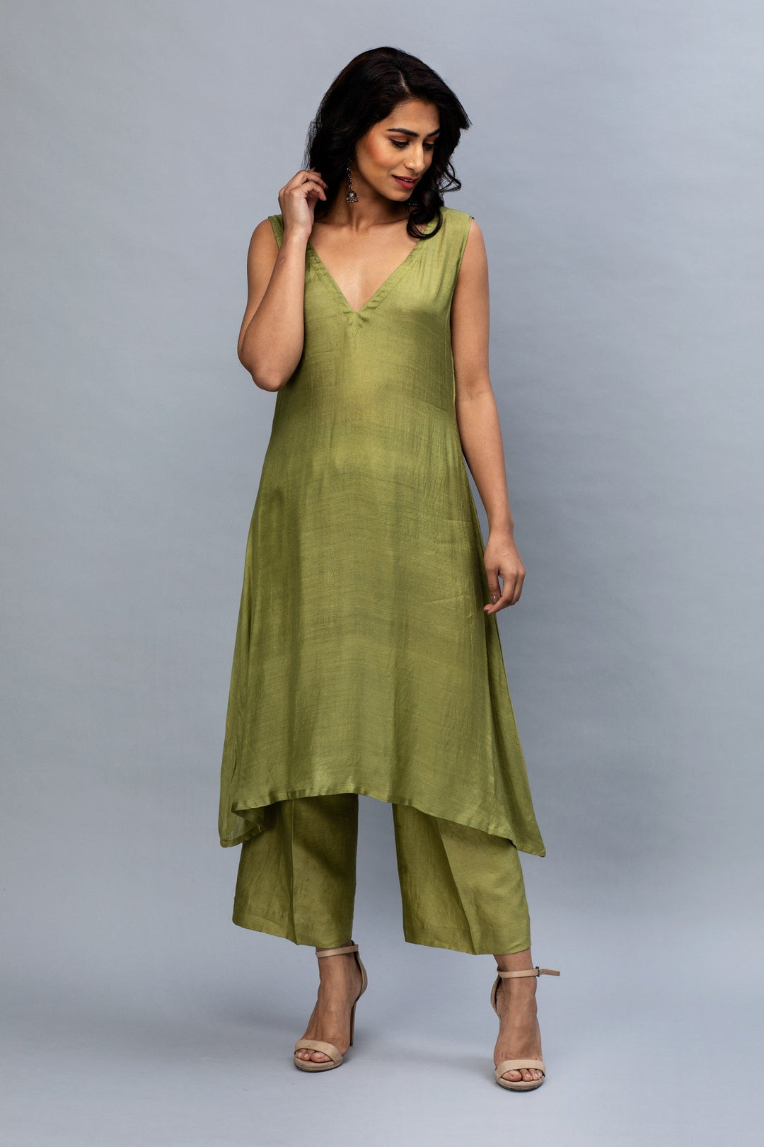 Olive flower work Chanderi Suit Set