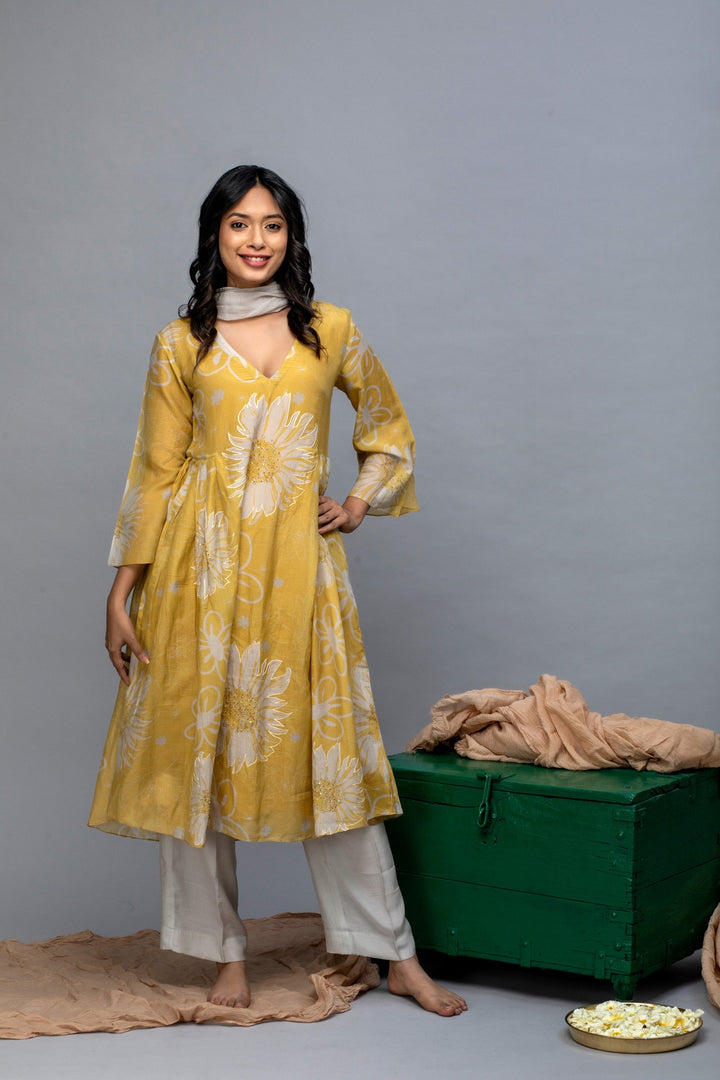 Mustard Grey Printed Chanderi Suit Set
