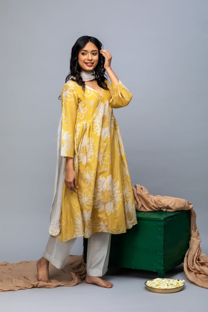 Mustard Grey Printed Chanderi Suit Set