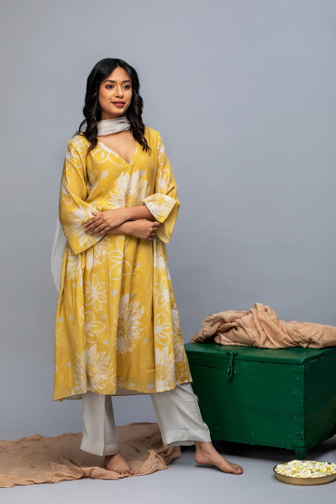 Mustard Grey Printed Chanderi Suit Set