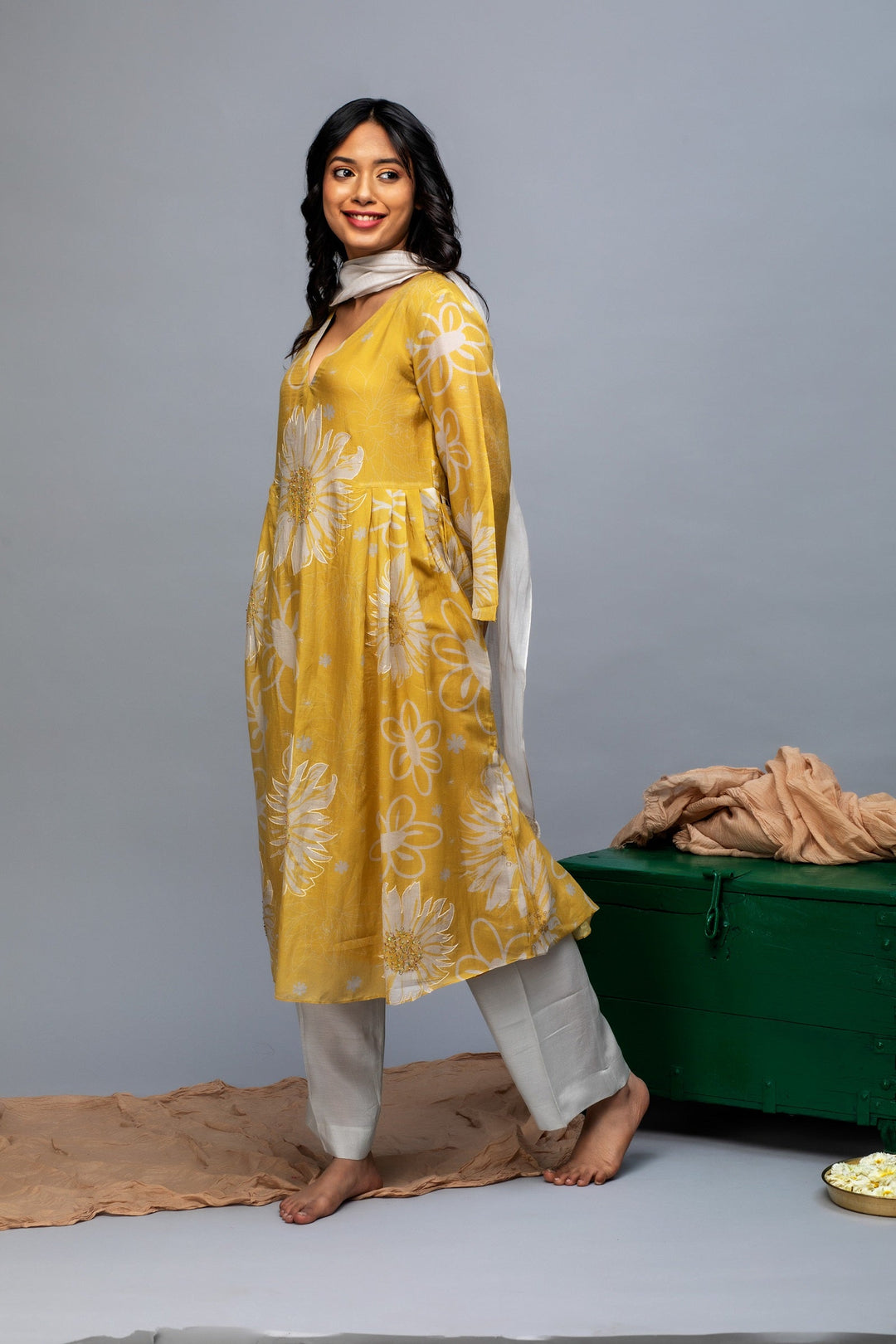 Mustard Grey Printed Chanderi Suit Set