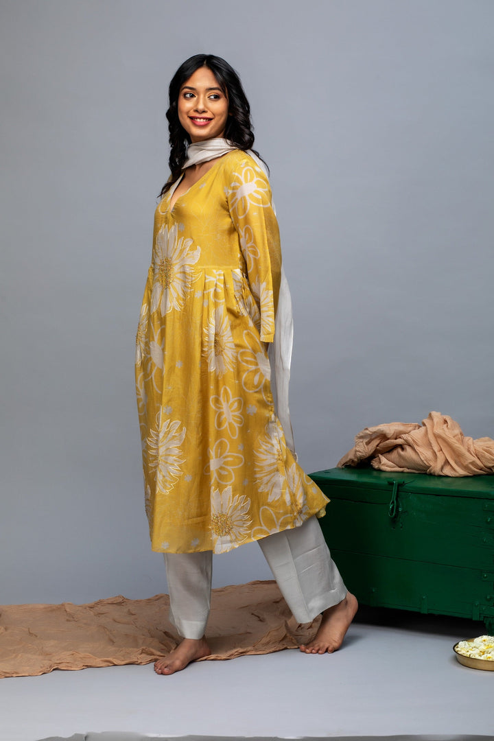 Mustard Grey Printed Chanderi Suit Set