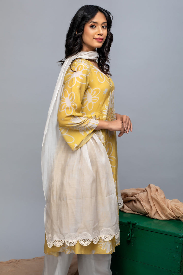 Mustard Grey Printed Chanderi Suit Set