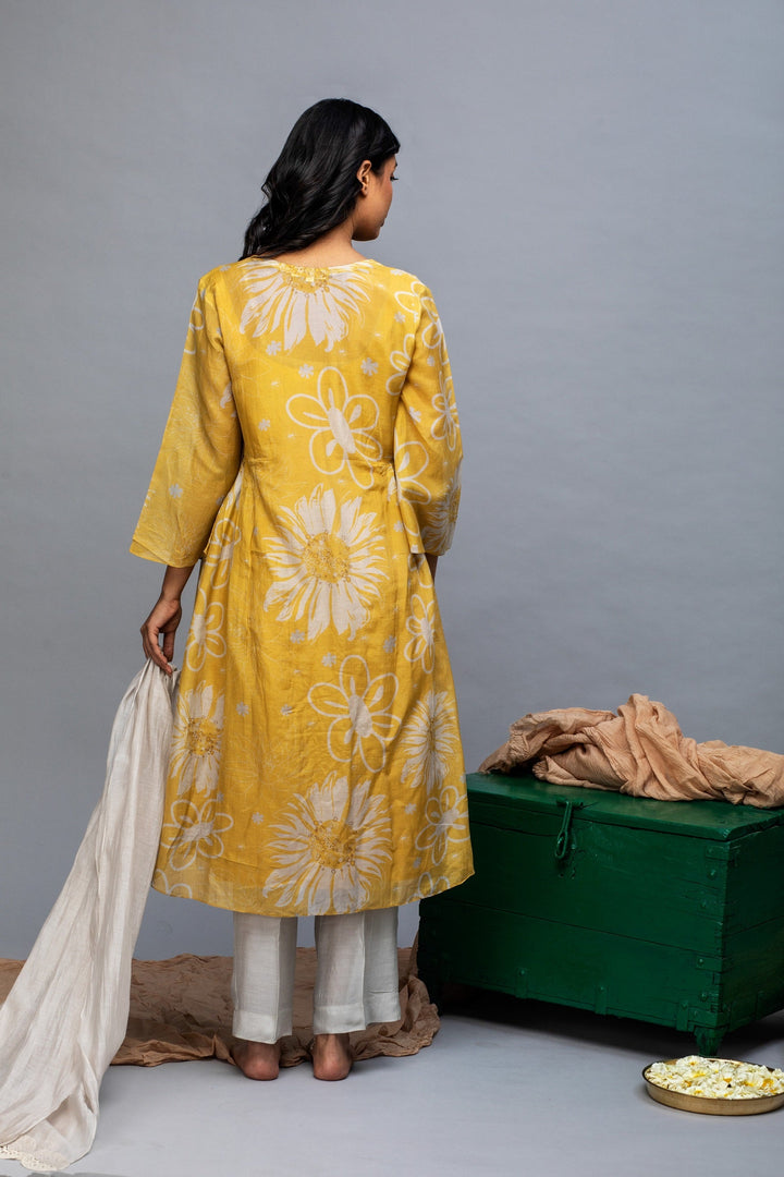Mustard Grey Printed Chanderi Suit Set