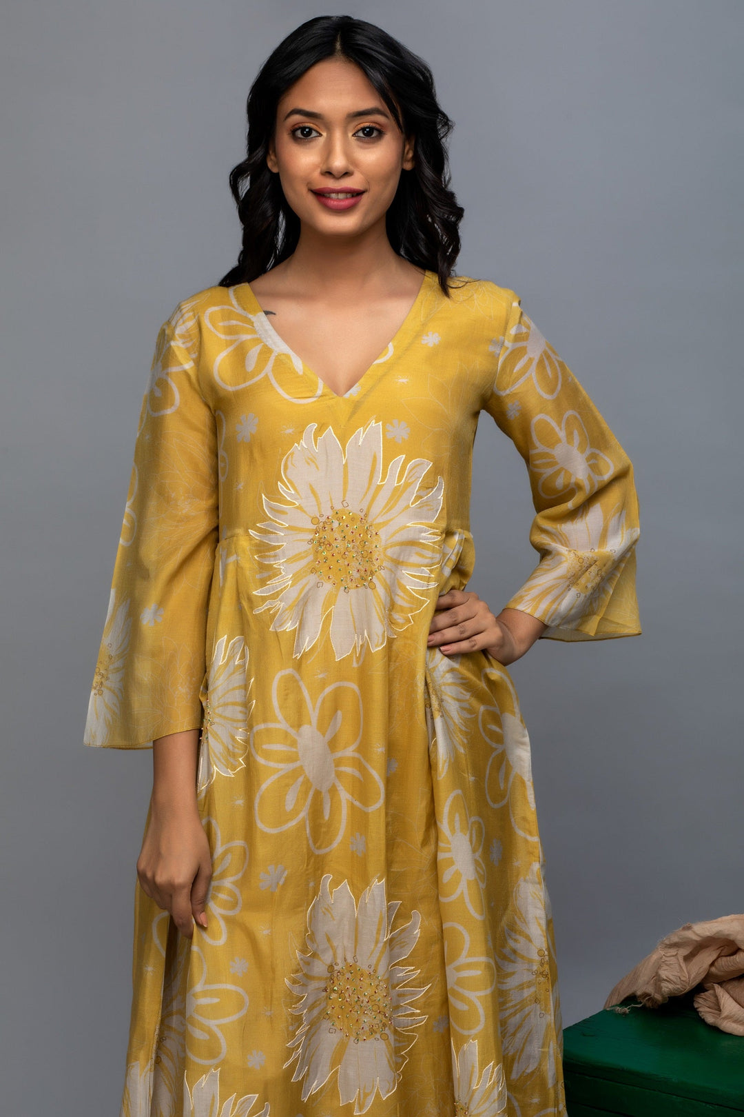 Mustard Grey Printed Chanderi Suit Set
