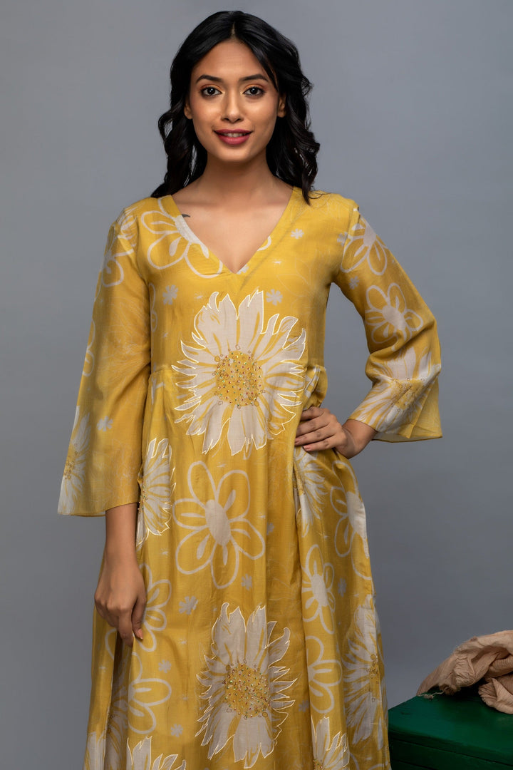 Mustard Grey Printed Chanderi Suit Set
