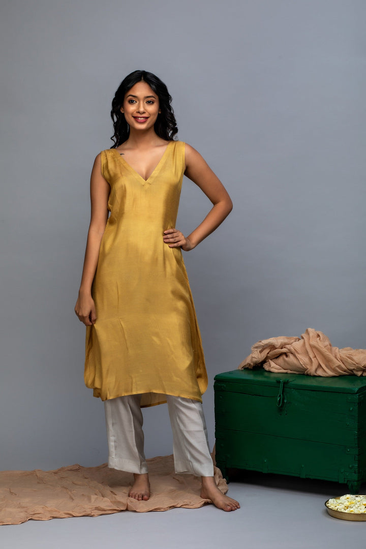 Mustard Grey Printed Chanderi Suit Set