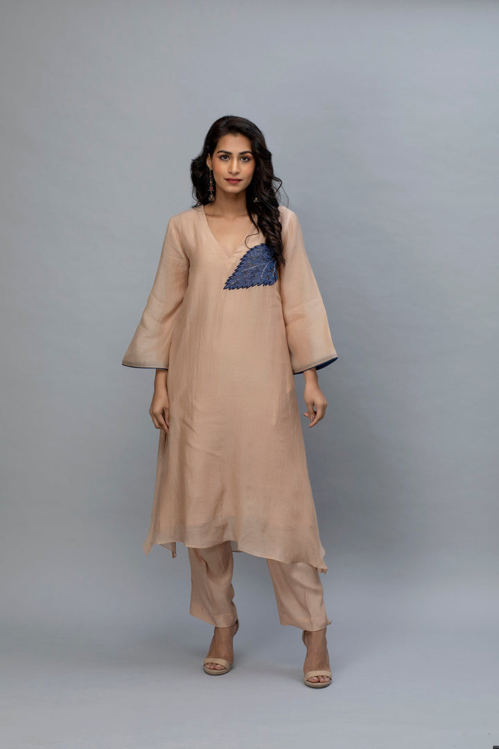 Khaki Navy Blue Sequin leaf Chanderi Kurta Set