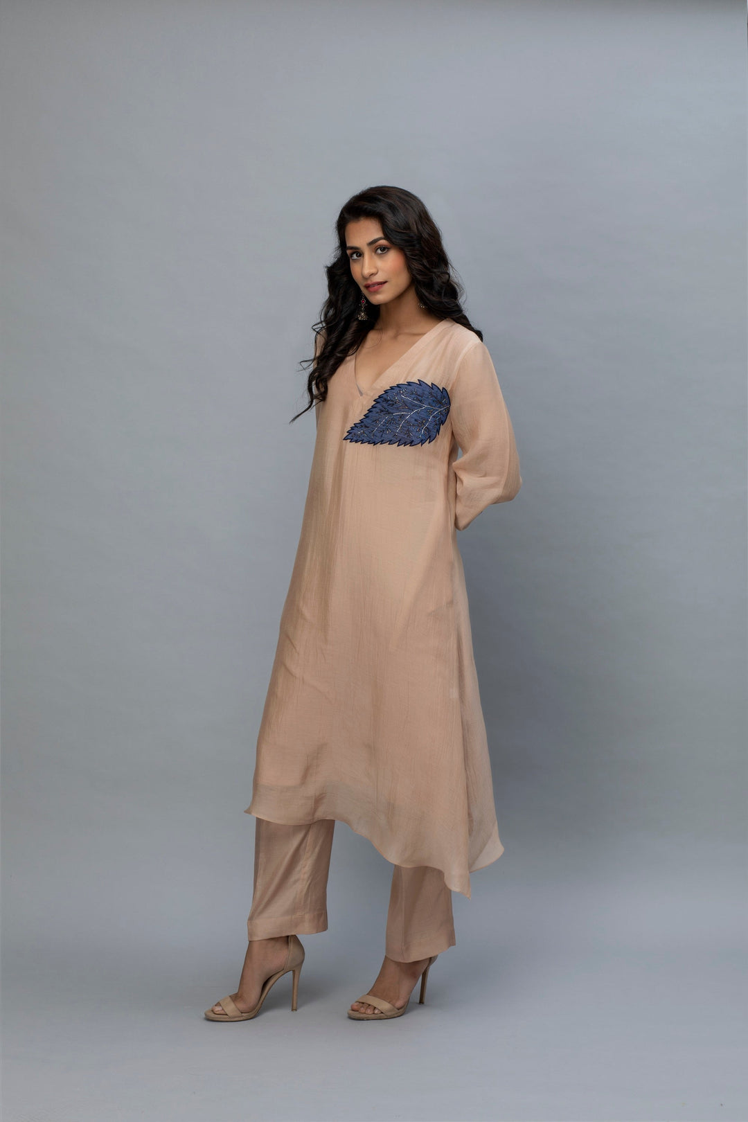 Khaki Navy Blue Sequin leaf Chanderi Kurta Set