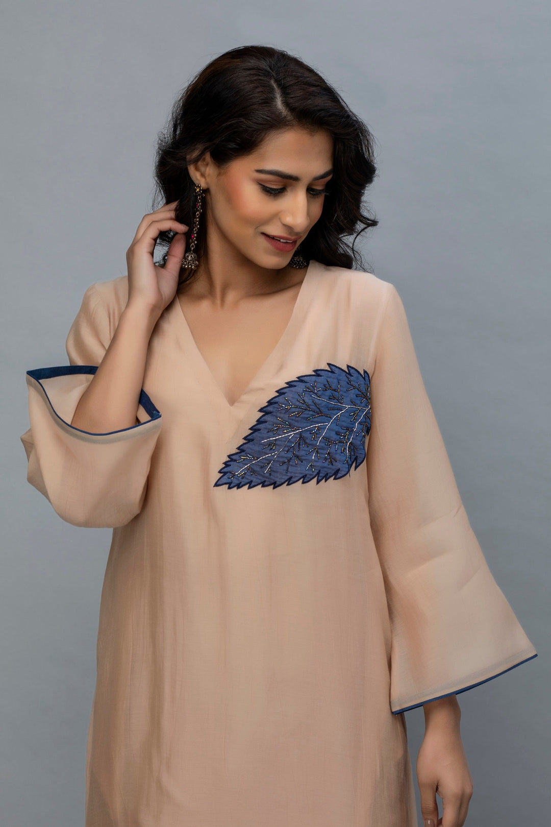 Khaki Navy Blue Sequin leaf Chanderi Kurta Set