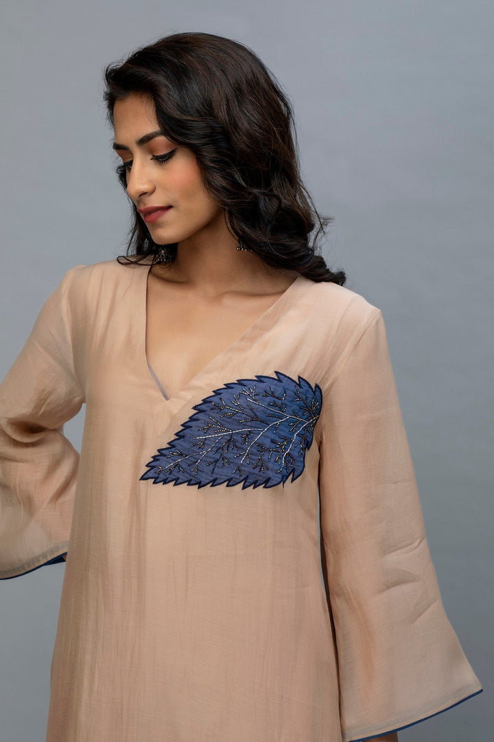 Khaki Navy Blue Sequin leaf Chanderi Kurta Set