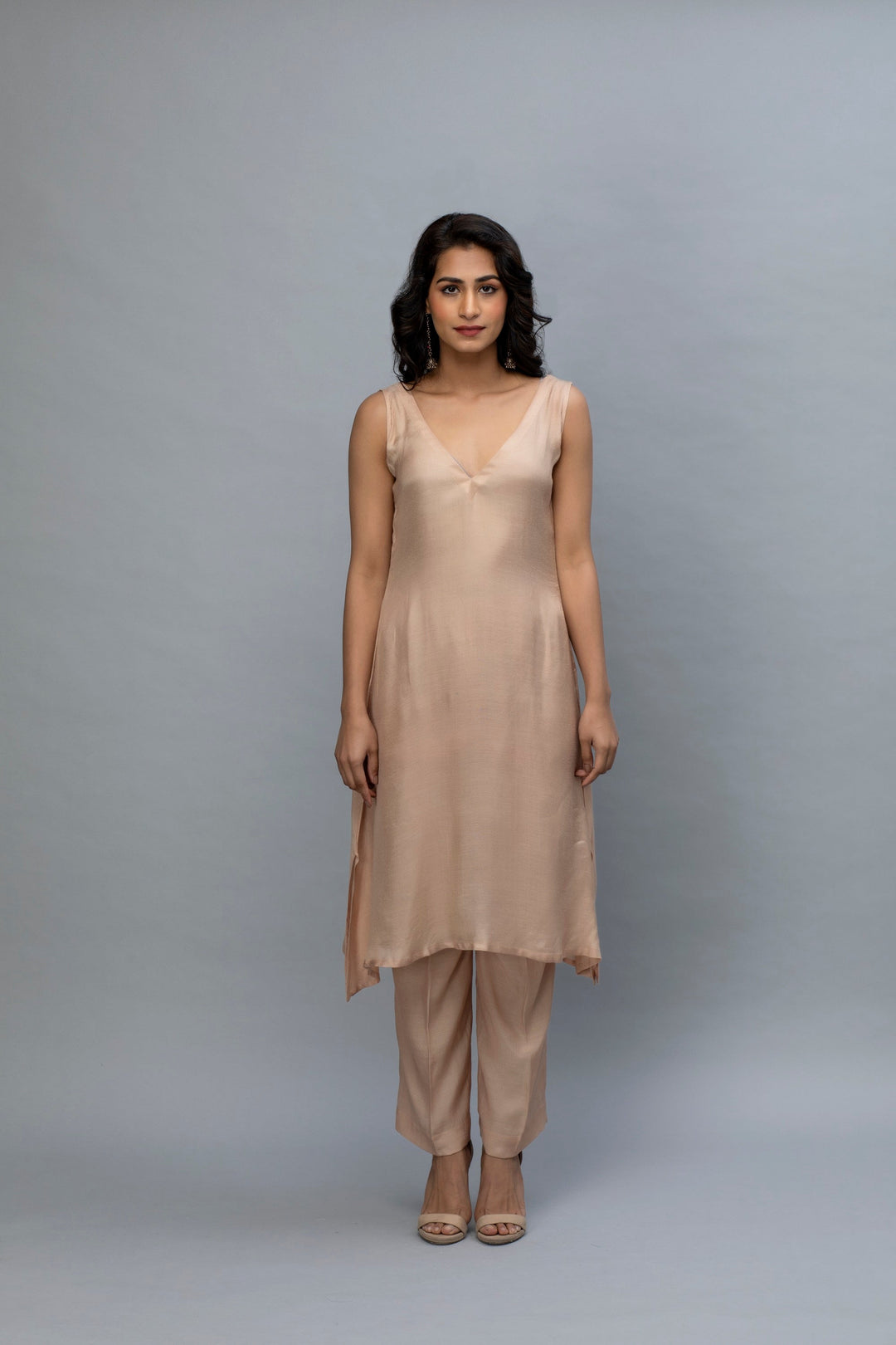 Khaki Navy Blue Sequin leaf Chanderi Kurta Set