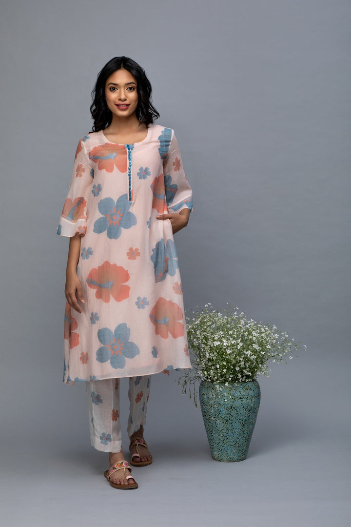 Peach blue printed Kurta Set