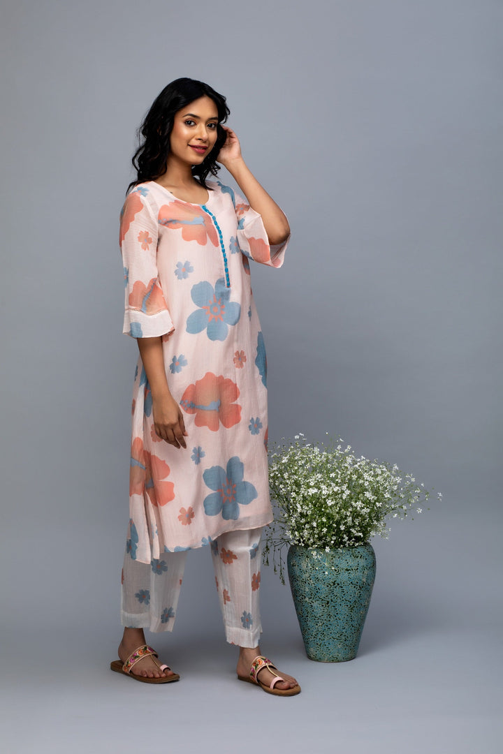 Peach blue printed Kurta Set