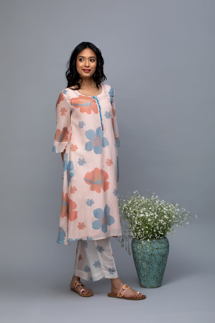 Peach blue printed Kurta Set