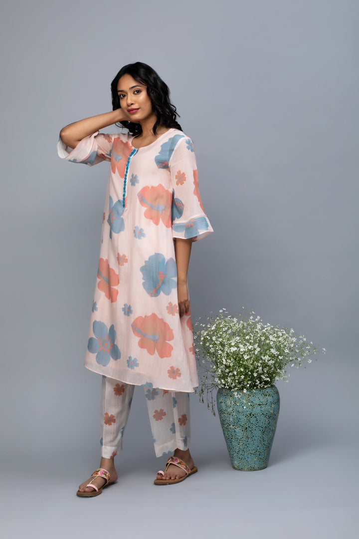 Peach blue printed Kurta Set