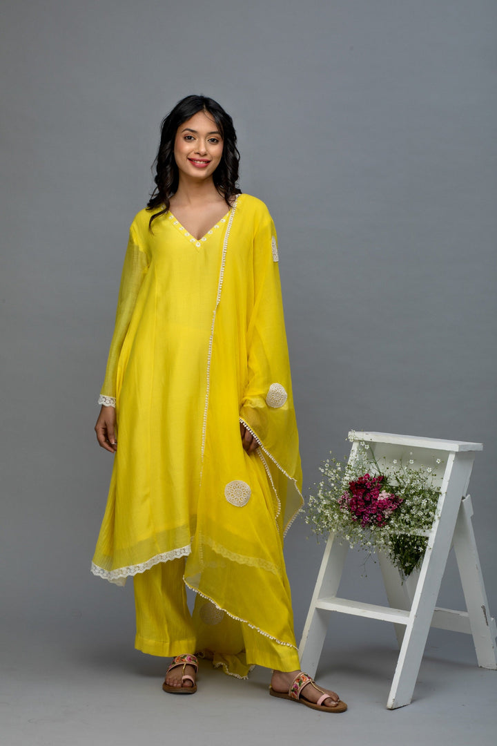 Yellow lace work chanderi suit set