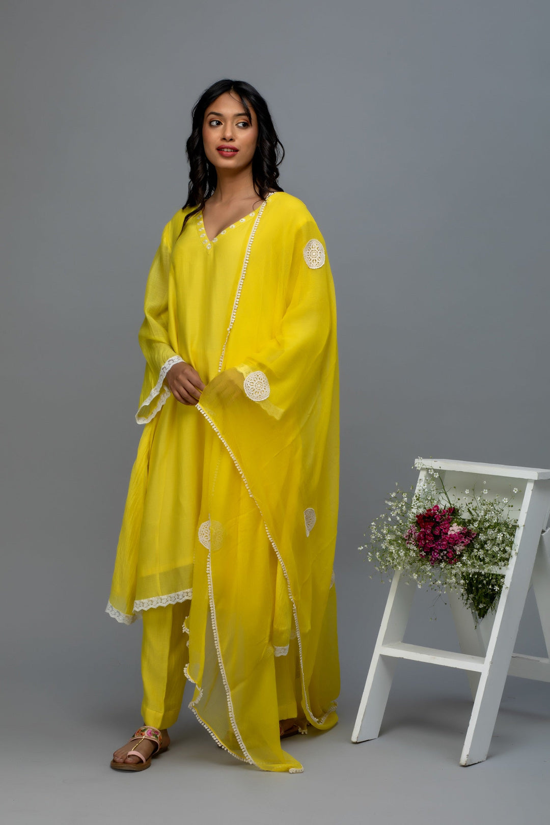 Yellow lace work chanderi suit set