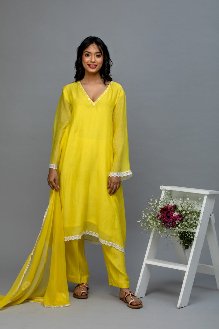 Yellow lace work chanderi suit set