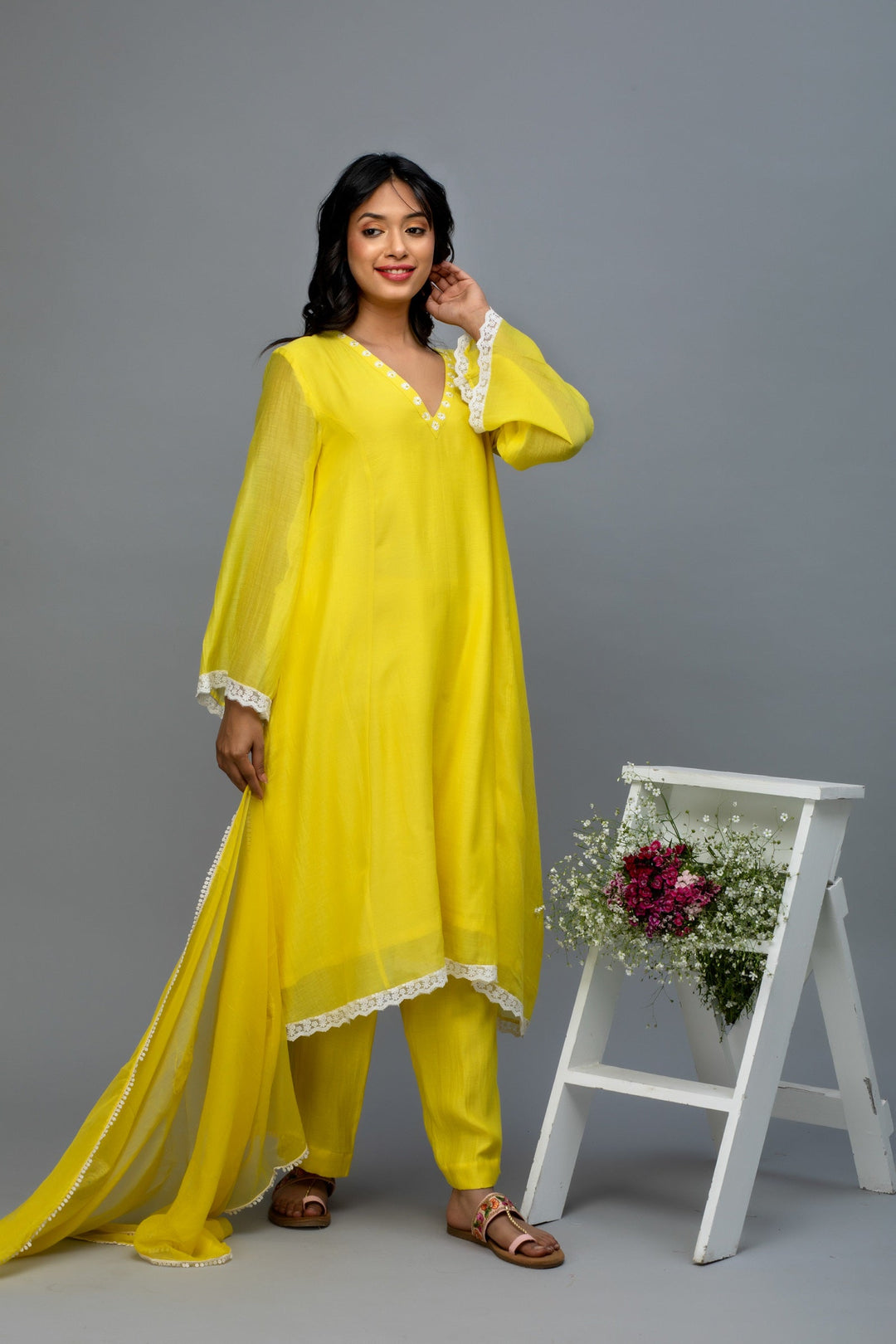 Yellow lace work chanderi suit set