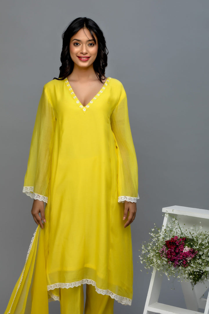 Yellow lace work chanderi suit set